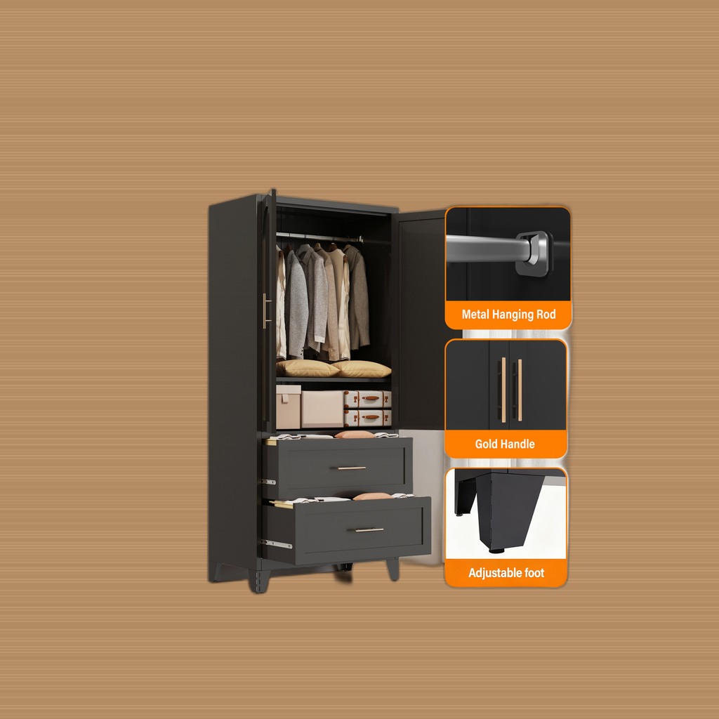 71 Tall Metal Wardrobe Cabinet With 2 Drawers And Hanging