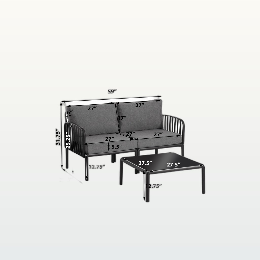 3 Piece Patio Conversation Sets, Modern Outdoor Patio