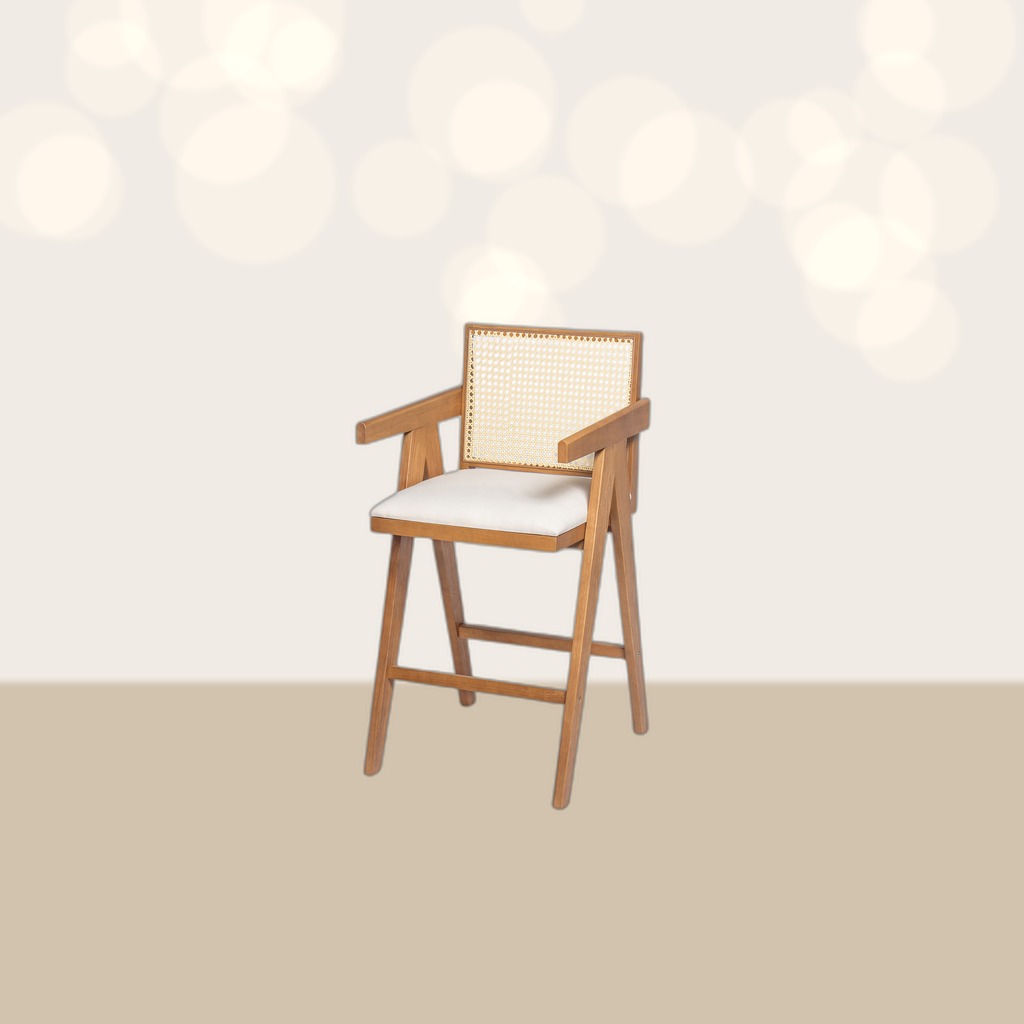 27 Height, Cream Woven Cane Plastic Backrest Bar Stool