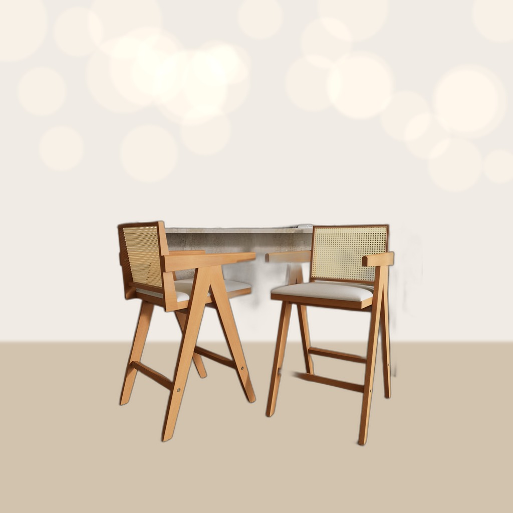 27 Height, Cream Woven Cane Plastic Backrest Bar Stool