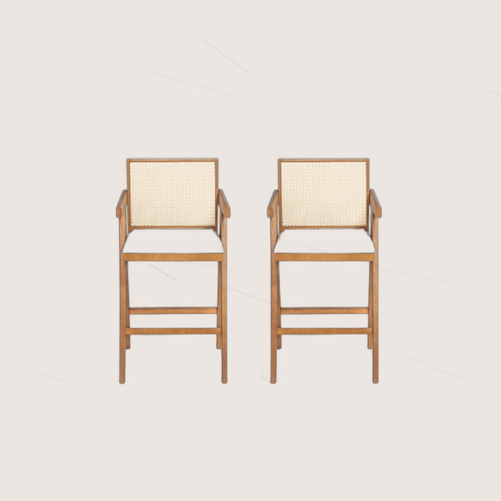 27 Height, Cream Woven Cane Plastic Backrest Bar Stool