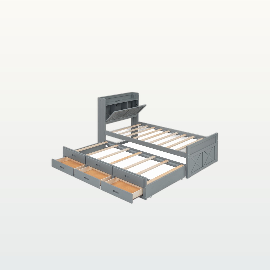 Twin Size Wooden Bed With Storage Headboard With Outlets