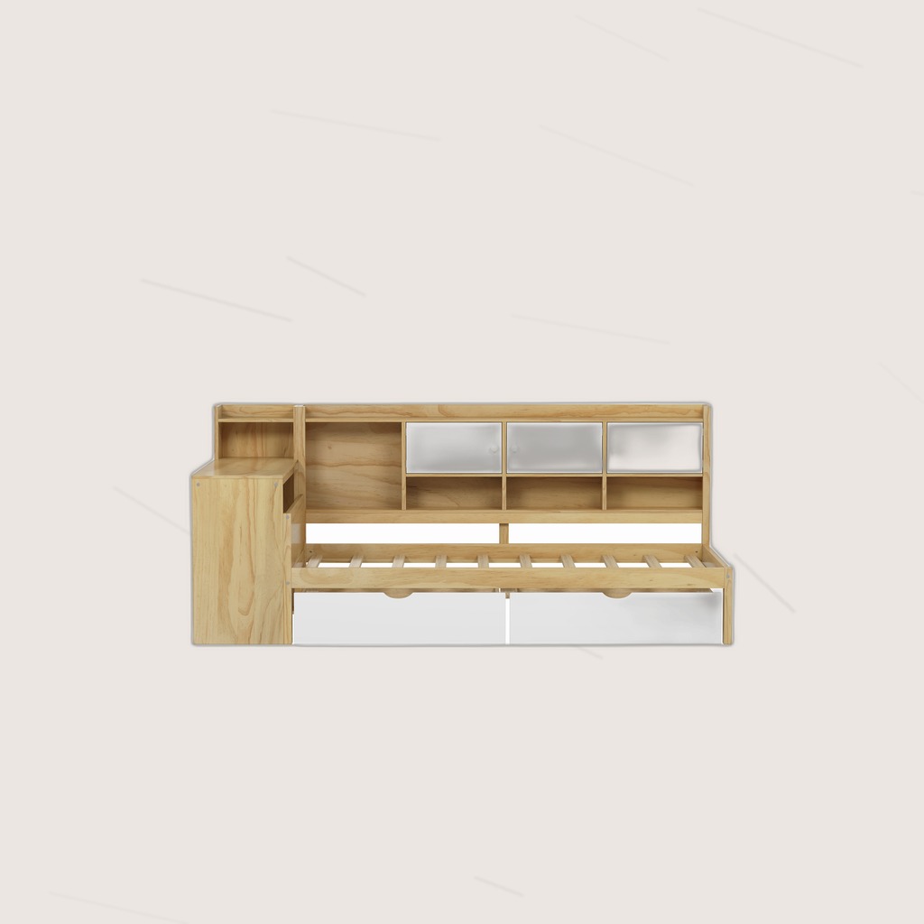 Wooden L-Shape Daybed With Seven Storage Cabinets And Two