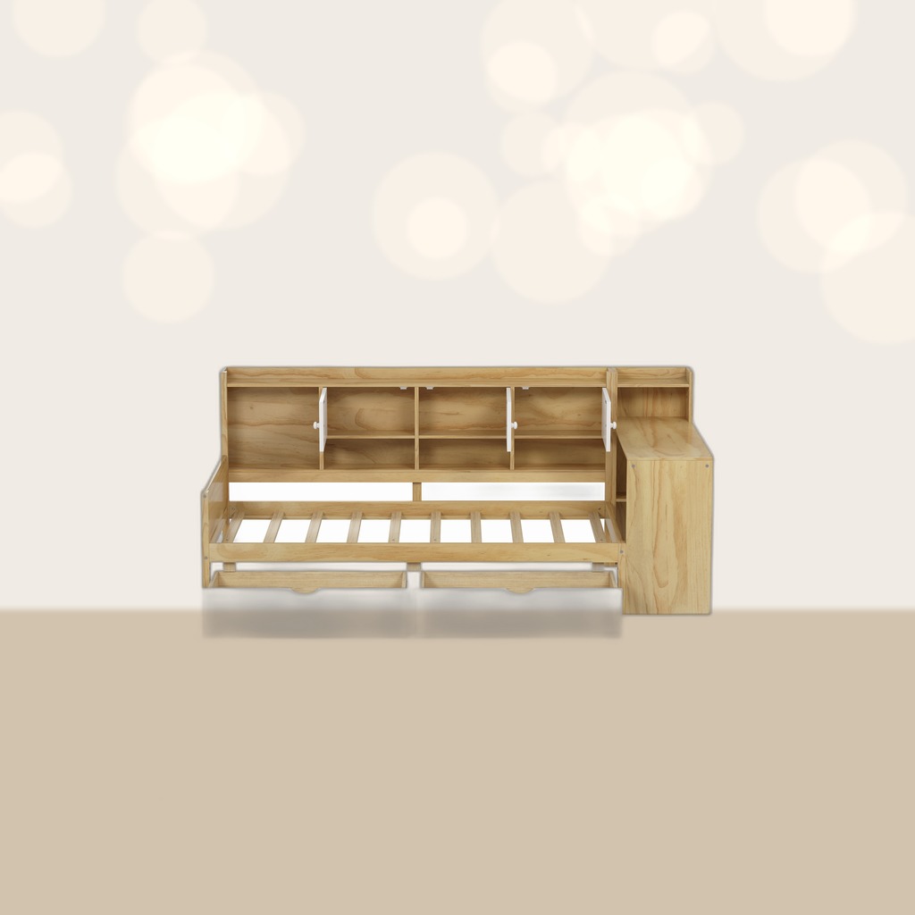 Wooden L-Shape Daybed With Seven Storage Cabinets And Two