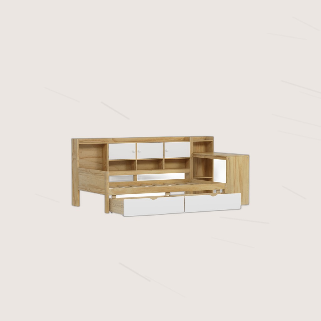 Wooden L-Shape Daybed With Seven Storage Cabinets And Two
