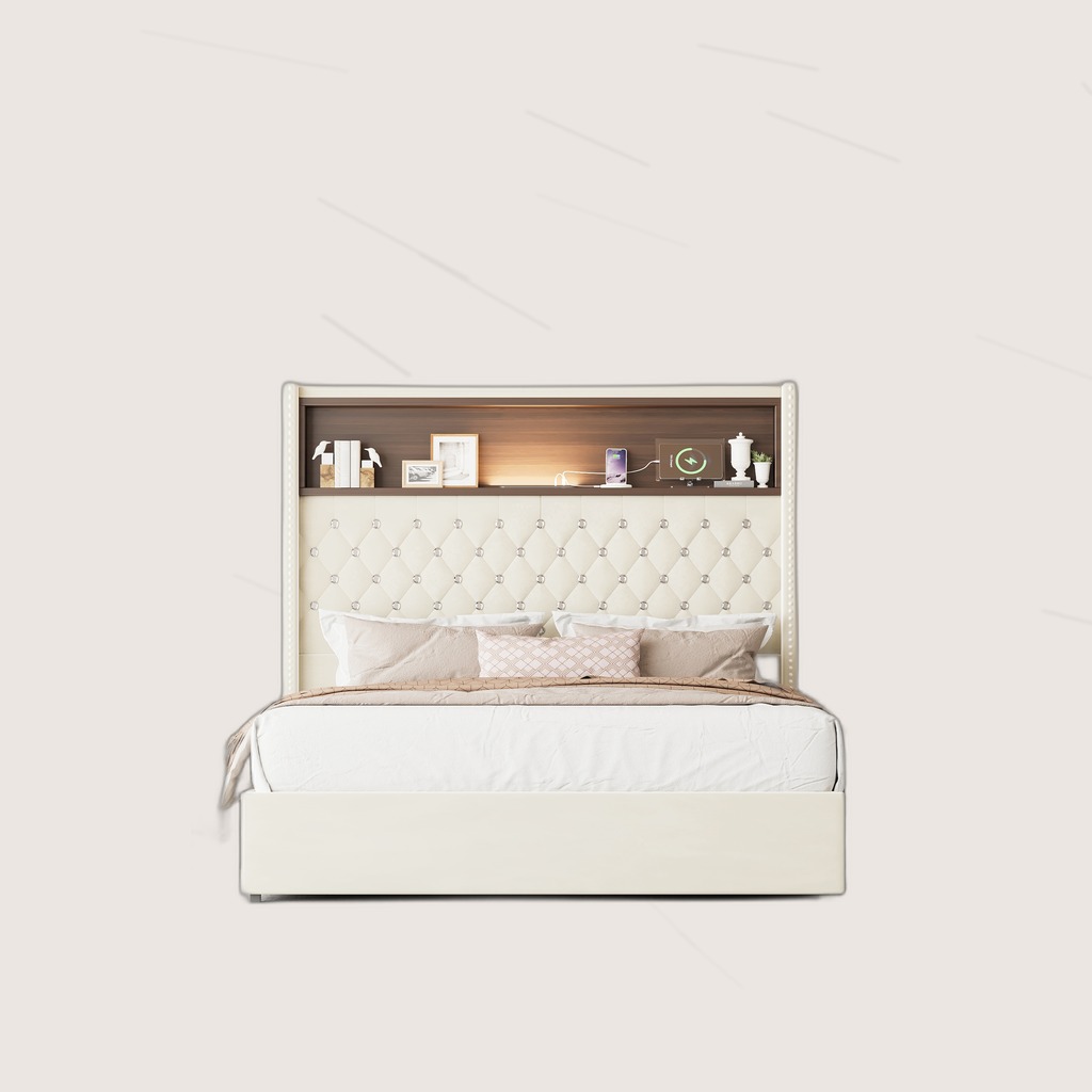 Velvet Tufted Bed with Night Light