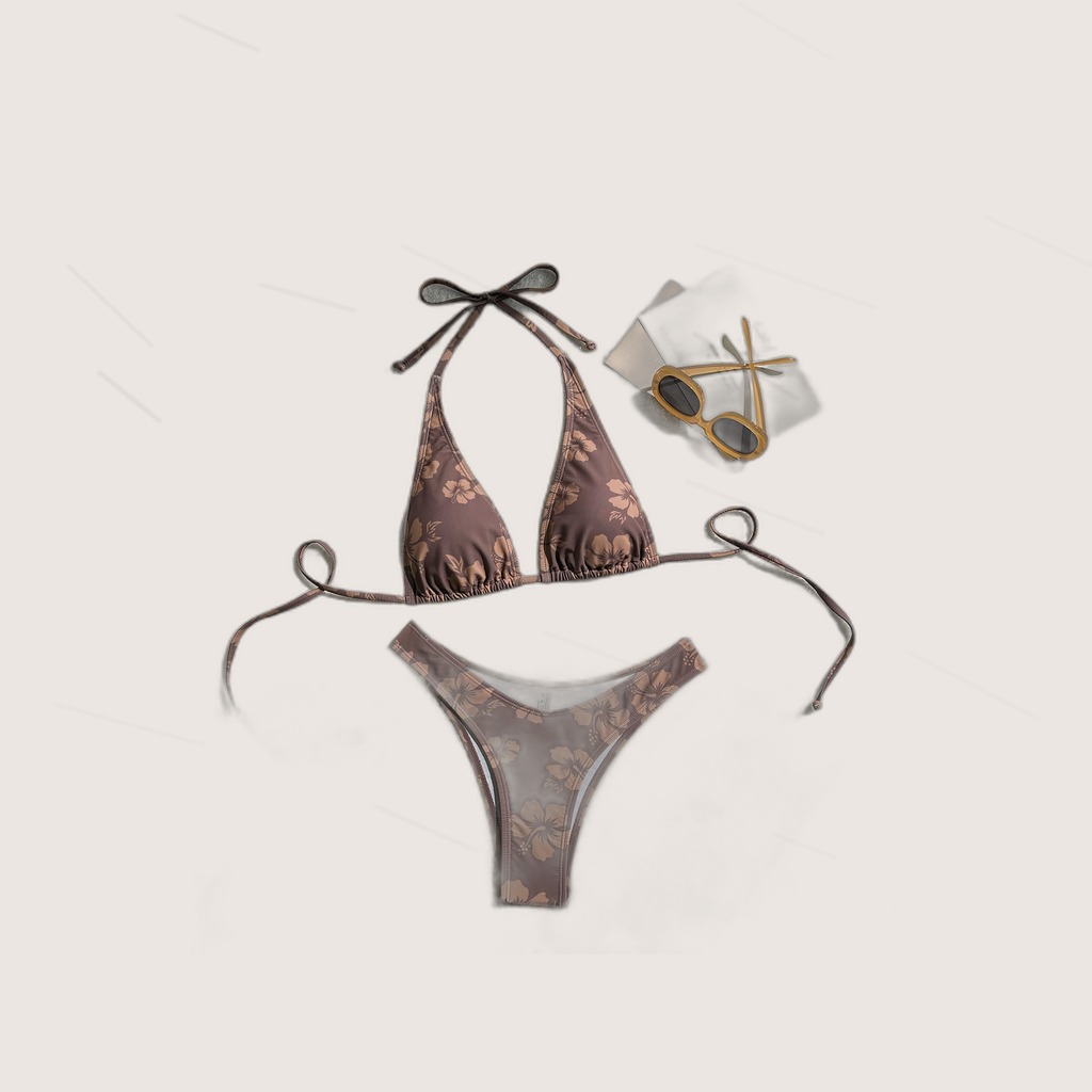 Women's Brown Hibiscus Floral Triangle Bikini Set, Tie-Side