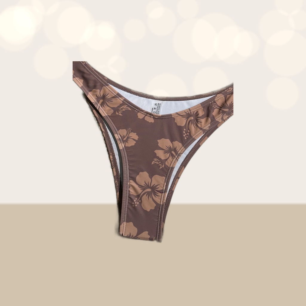 Women's Brown Hibiscus Floral Triangle Bikini Set, Tie-Side