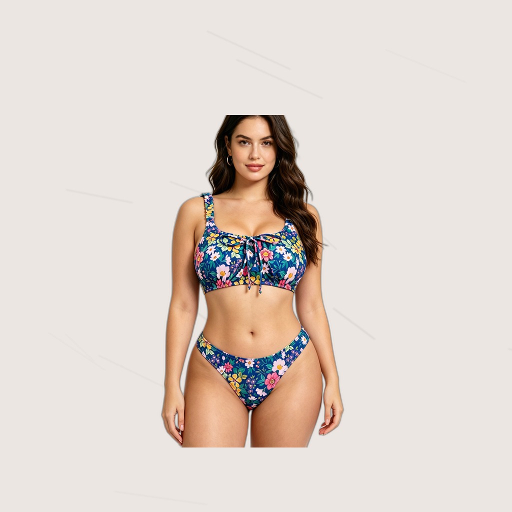 Women's Floral Print Bralette Bikini Set, Ruched Shoulder