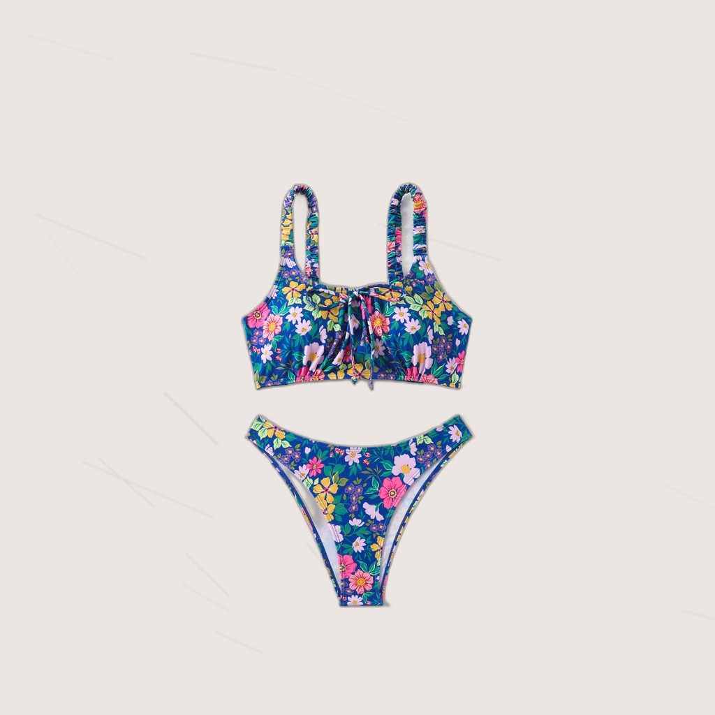 Women's Floral Print Bralette Bikini Set, Ruched Shoulder