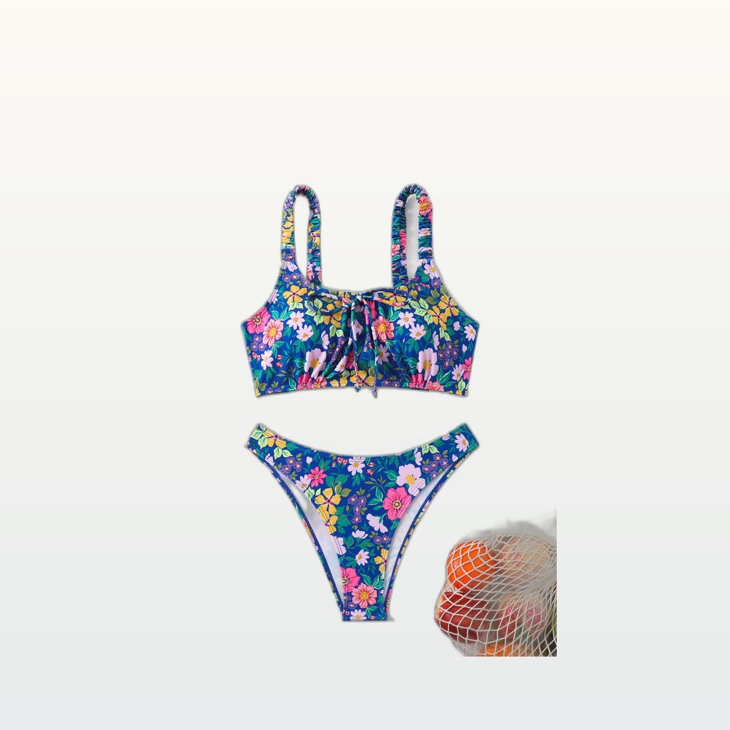 Women's Floral Print Bralette Bikini Set, Ruched Shoulder