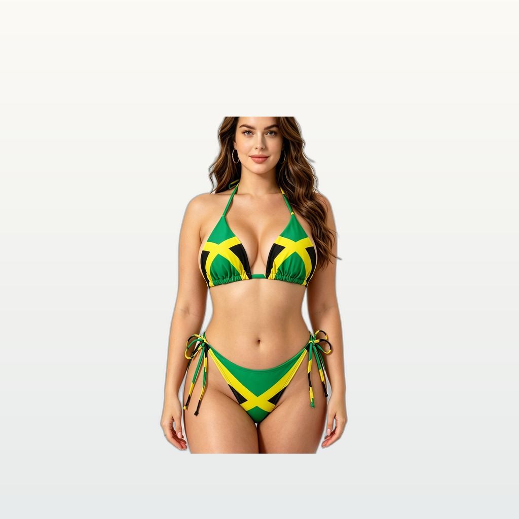 Women's Jamaica Flag Print Triangle Bikini Set, Halter Tie