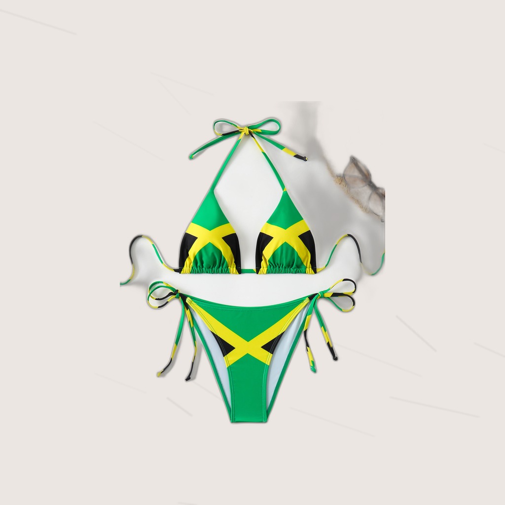 Women's Jamaica Flag Print Triangle Bikini Set, Halter Tie