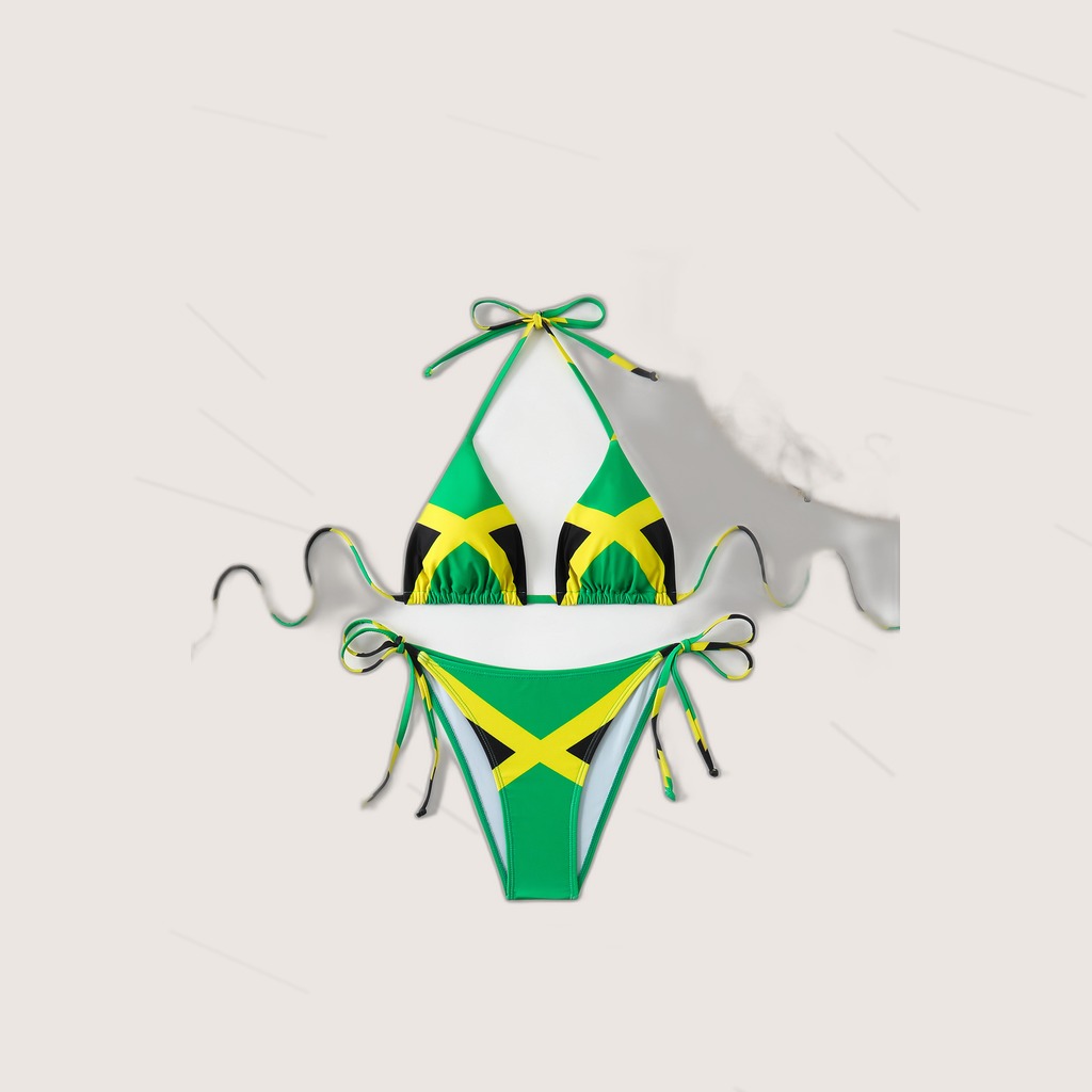 Women's Jamaica Flag Print Triangle Bikini Set, Halter Tie