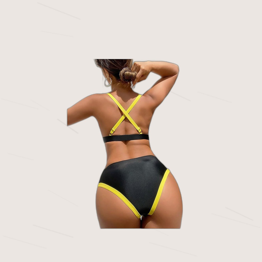 Women's Color Block Triangle Bikini Set, Crisscross Back Top