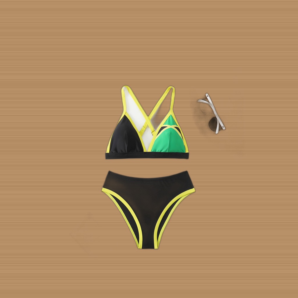 Women's Color Block Triangle Bikini Set, Crisscross Back Top