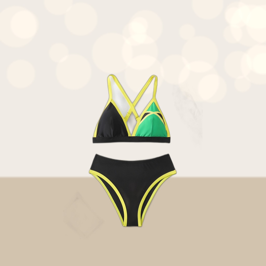 Women's Color Block Triangle Bikini Set, Crisscross Back Top
