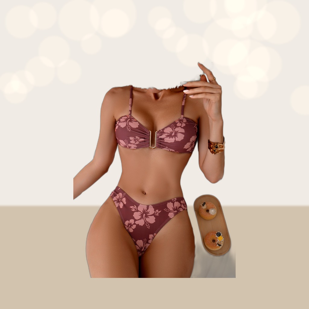 Women's Hibiscus Print Bandeau Bikini Set, Gold U-Ring Front