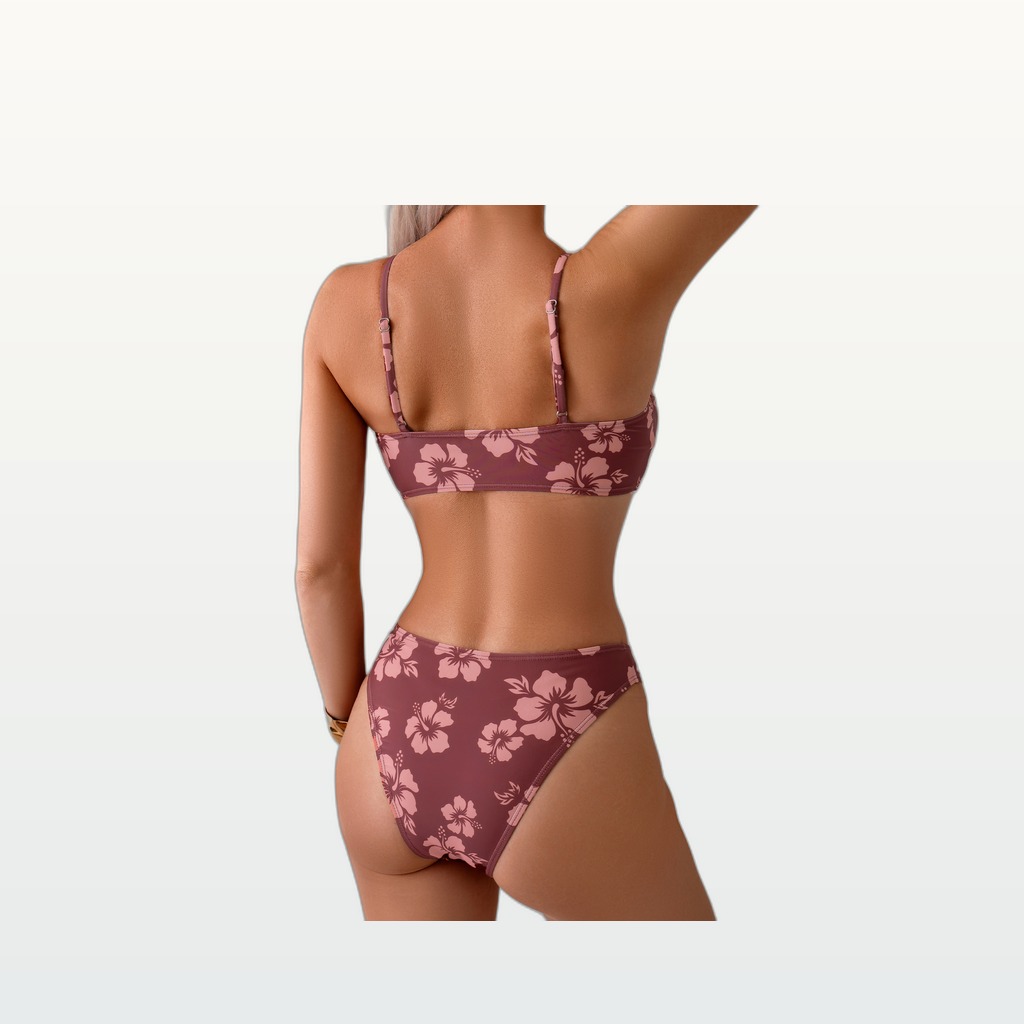 Women's Hibiscus Print Bandeau Bikini Set, Gold U-Ring Front