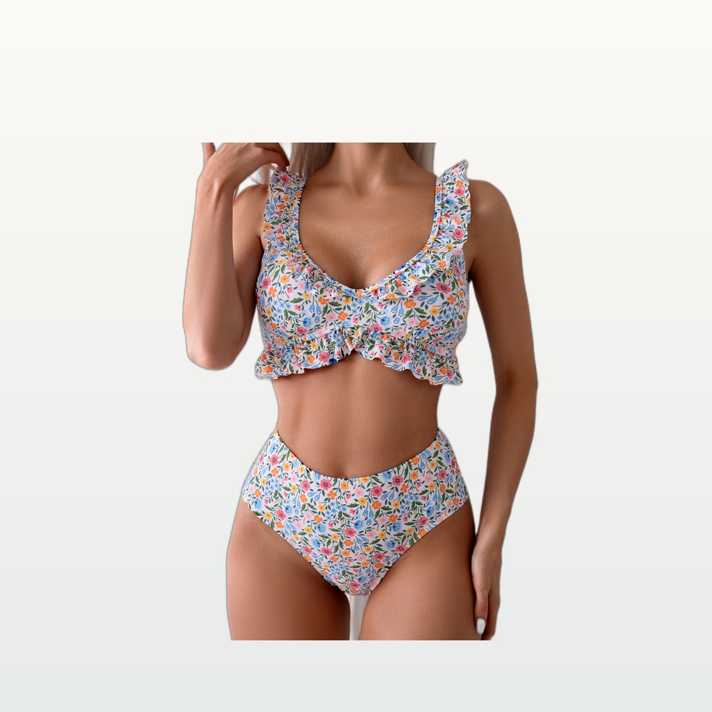 Women's Ditsy Floral Ruffle Bikini Set, V-Neck Ruffle Top &