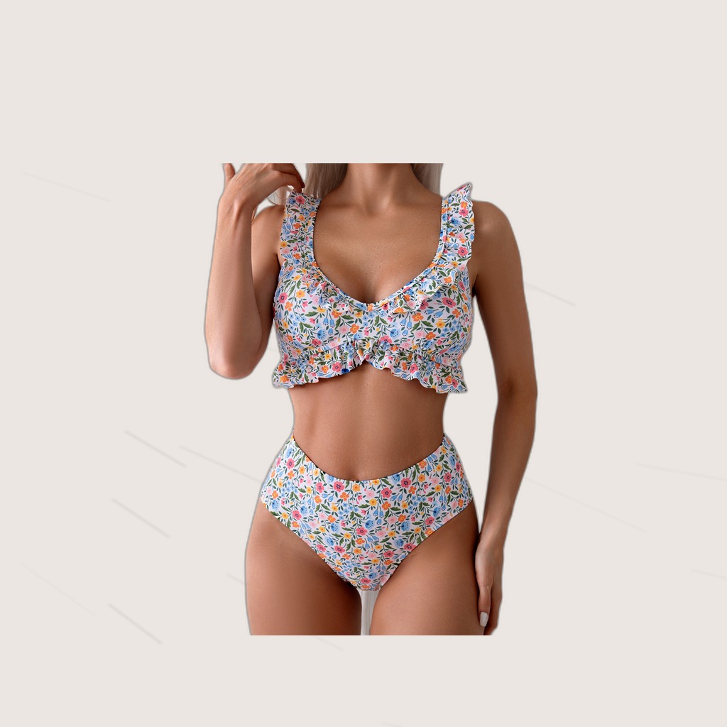 Women's Ditsy Floral Ruffle Bikini Set, V-Neck Ruffle Top &