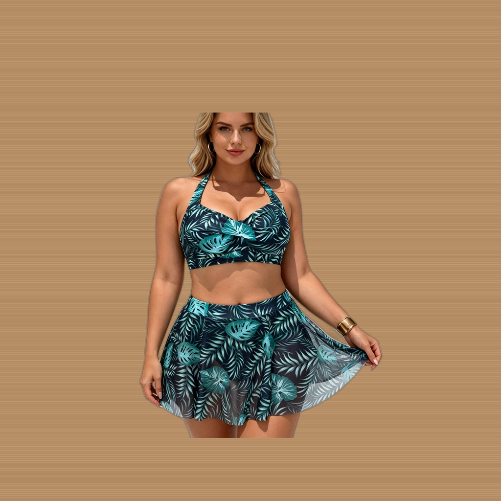 Women's Tropical Leaf 3-Piece Swimsuit, Halter Twist Front