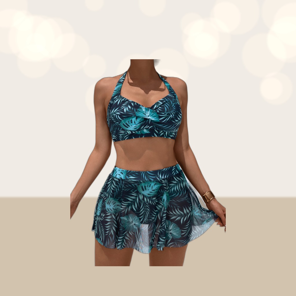 Women's Tropical Leaf 3-Piece Swimsuit, Halter Twist Front