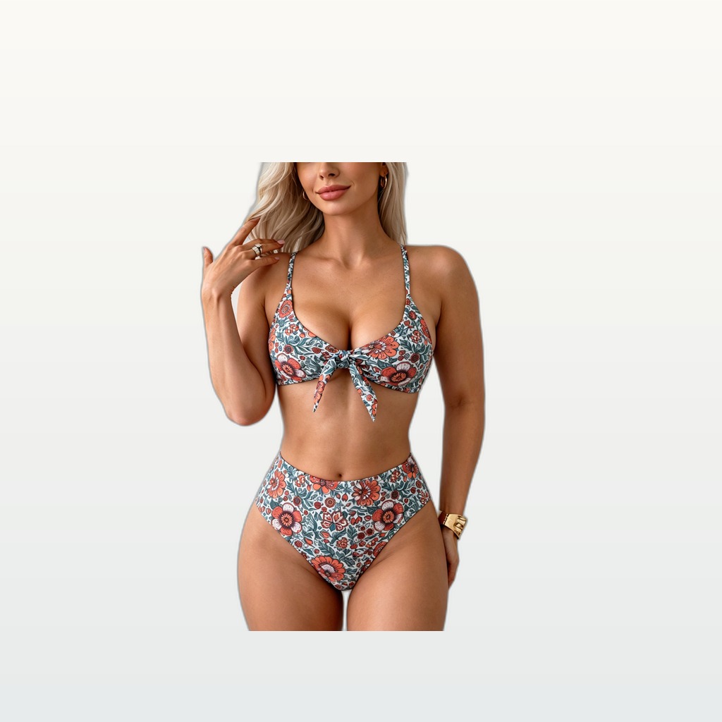 Women's Retro Floral Bikini Set, Tie-Front V-Neck Top & High
