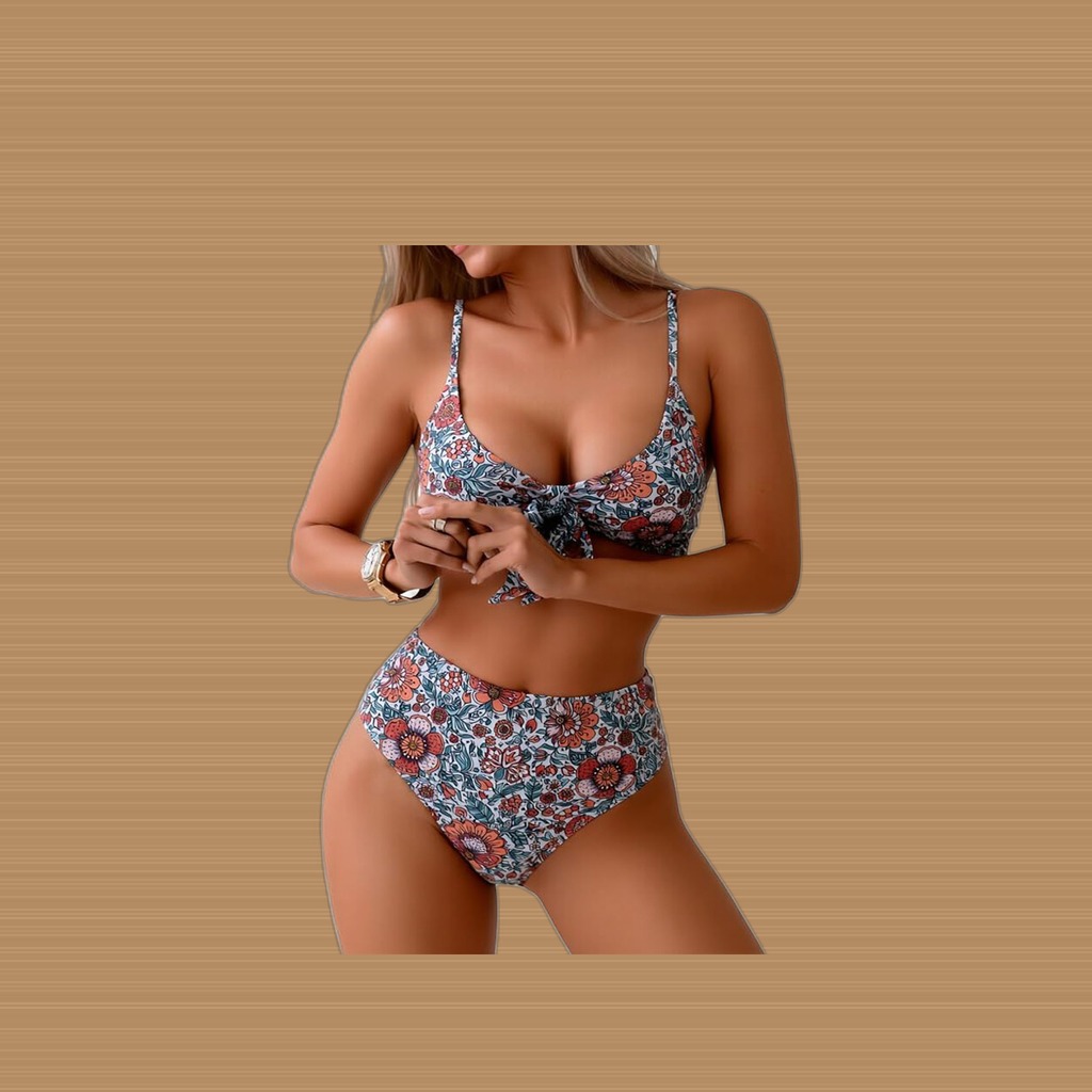 Women's Retro Floral Bikini Set, Tie-Front V-Neck Top & High