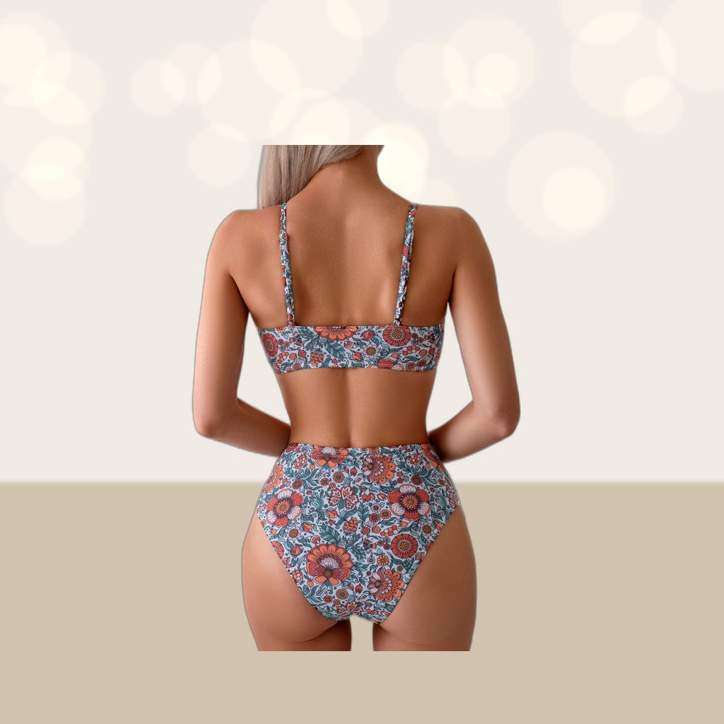 Women's Retro Floral Bikini Set, Tie-Front V-Neck Top & High