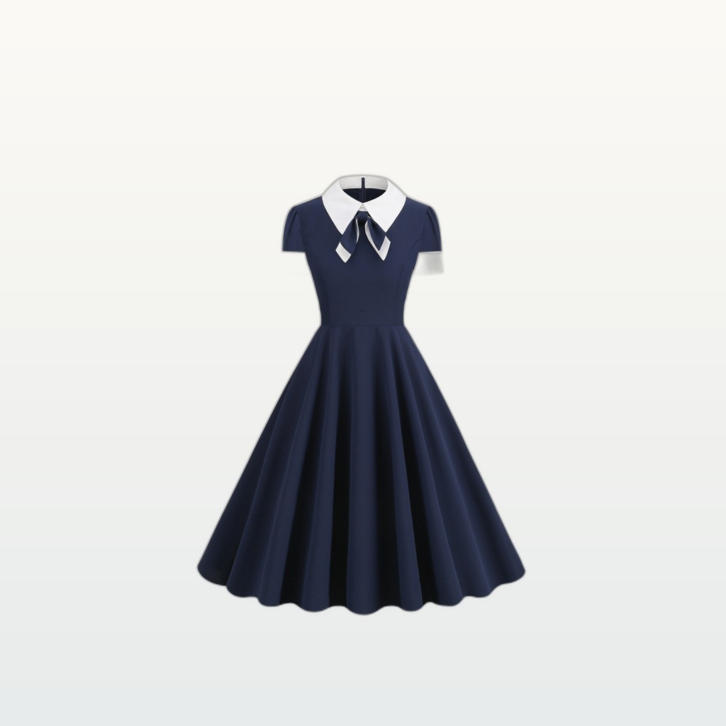1950s Vintage Collared Bow Tie Swing Dress, Retro Cocktail