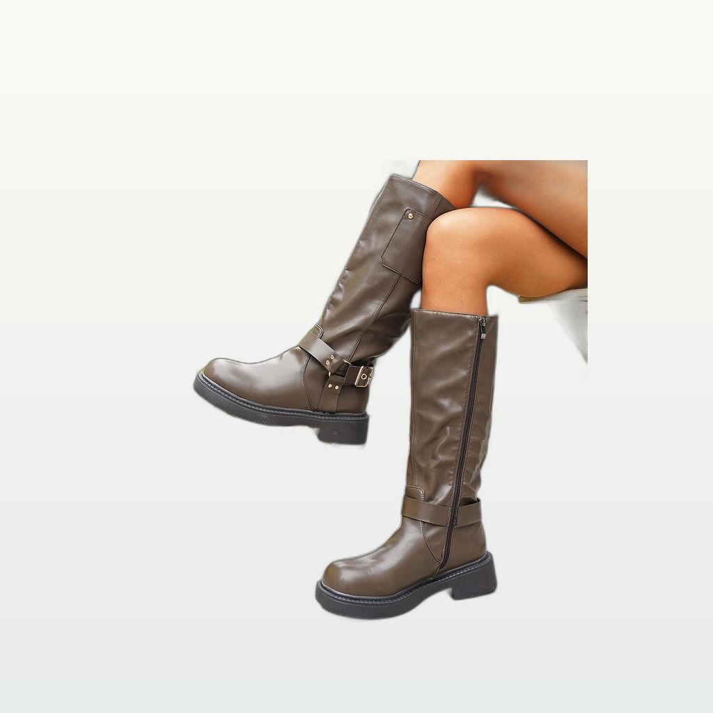 Calf-length Metal Belt-buckle Chunky-heeled High-top Denim Boots