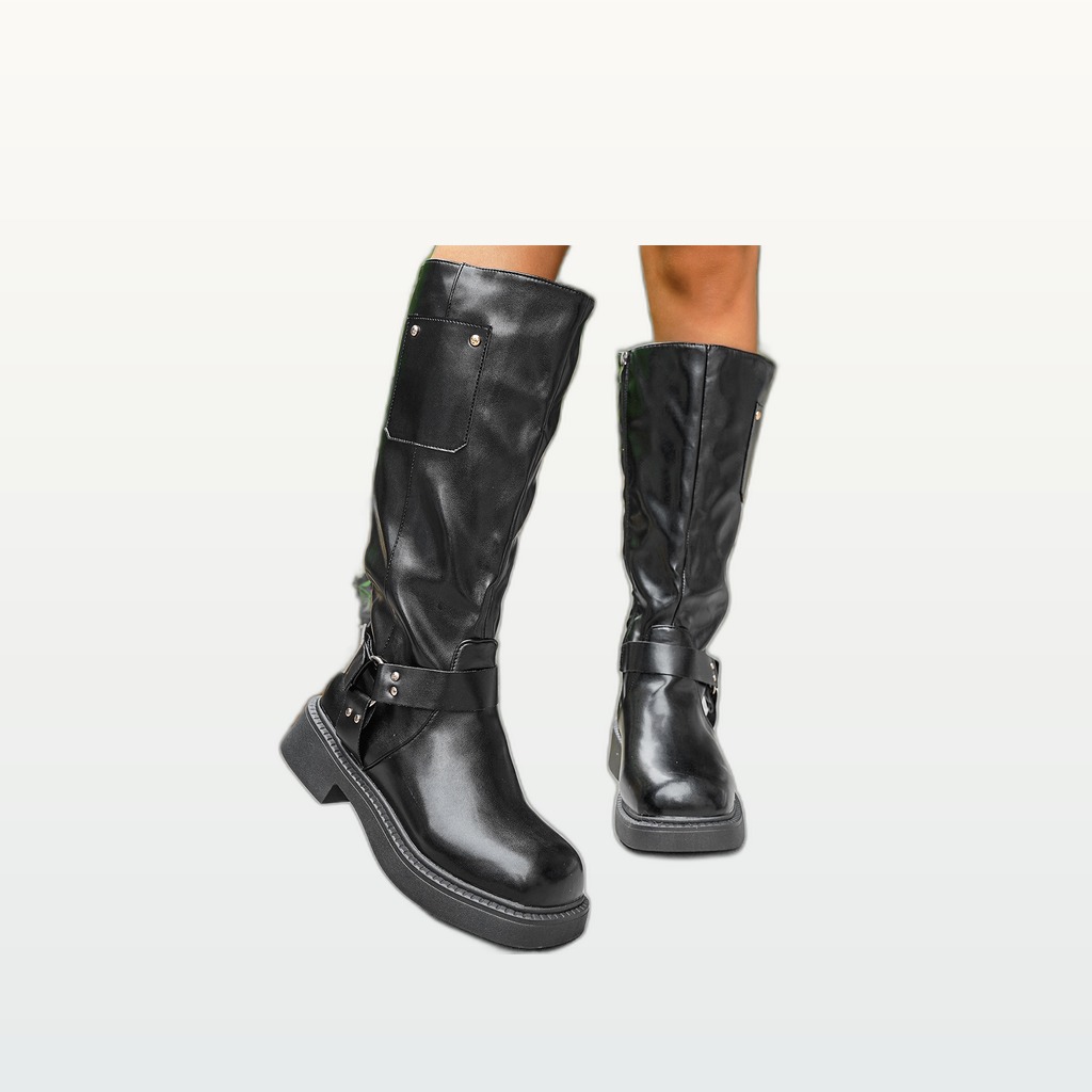 Calf-length Metal Belt-buckle Chunky-heeled High-top Denim Boots