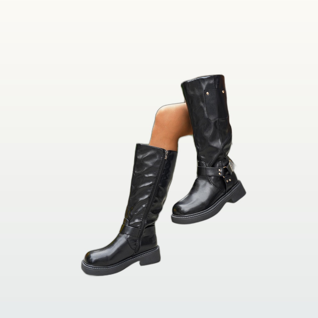Calf-length Metal Belt-buckle Chunky-heeled High-top Denim Boots