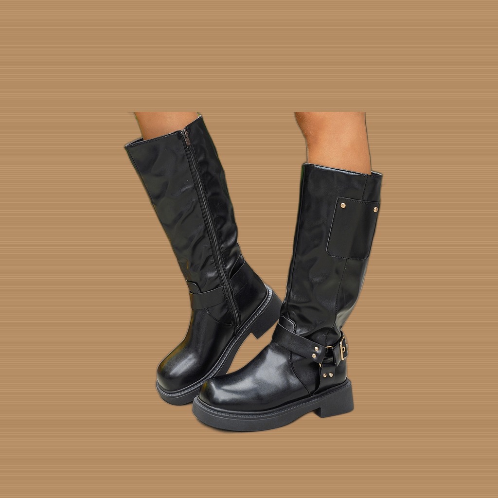 Calf-length Metal Belt-buckle Chunky-heeled High-top Denim Boots