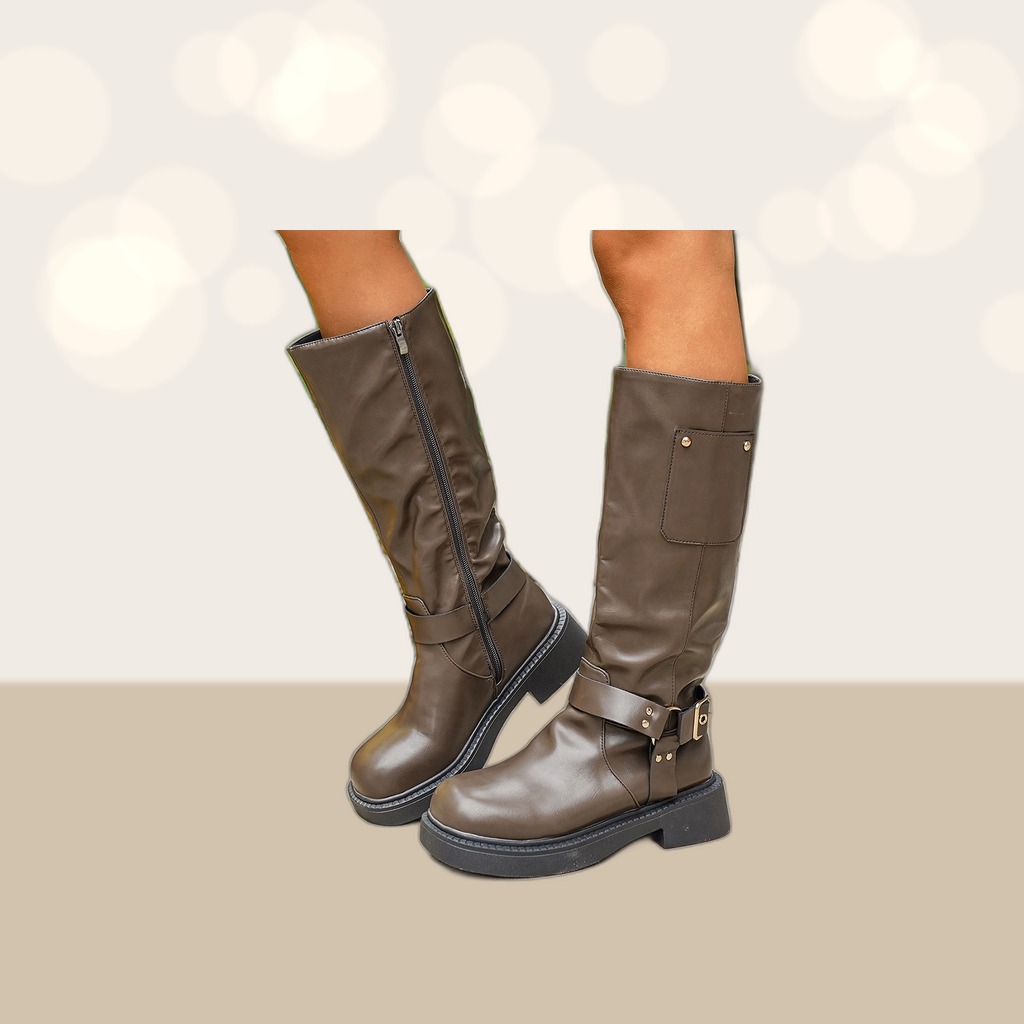 Calf-length Metal Belt-buckle Chunky-heeled High-top Denim Boots