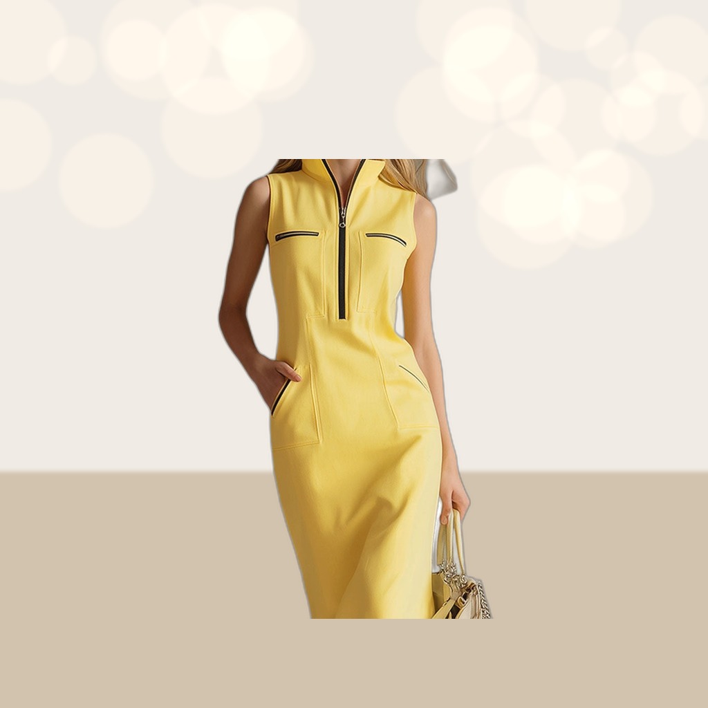 Contrast-color Stand-collar Midi Dress