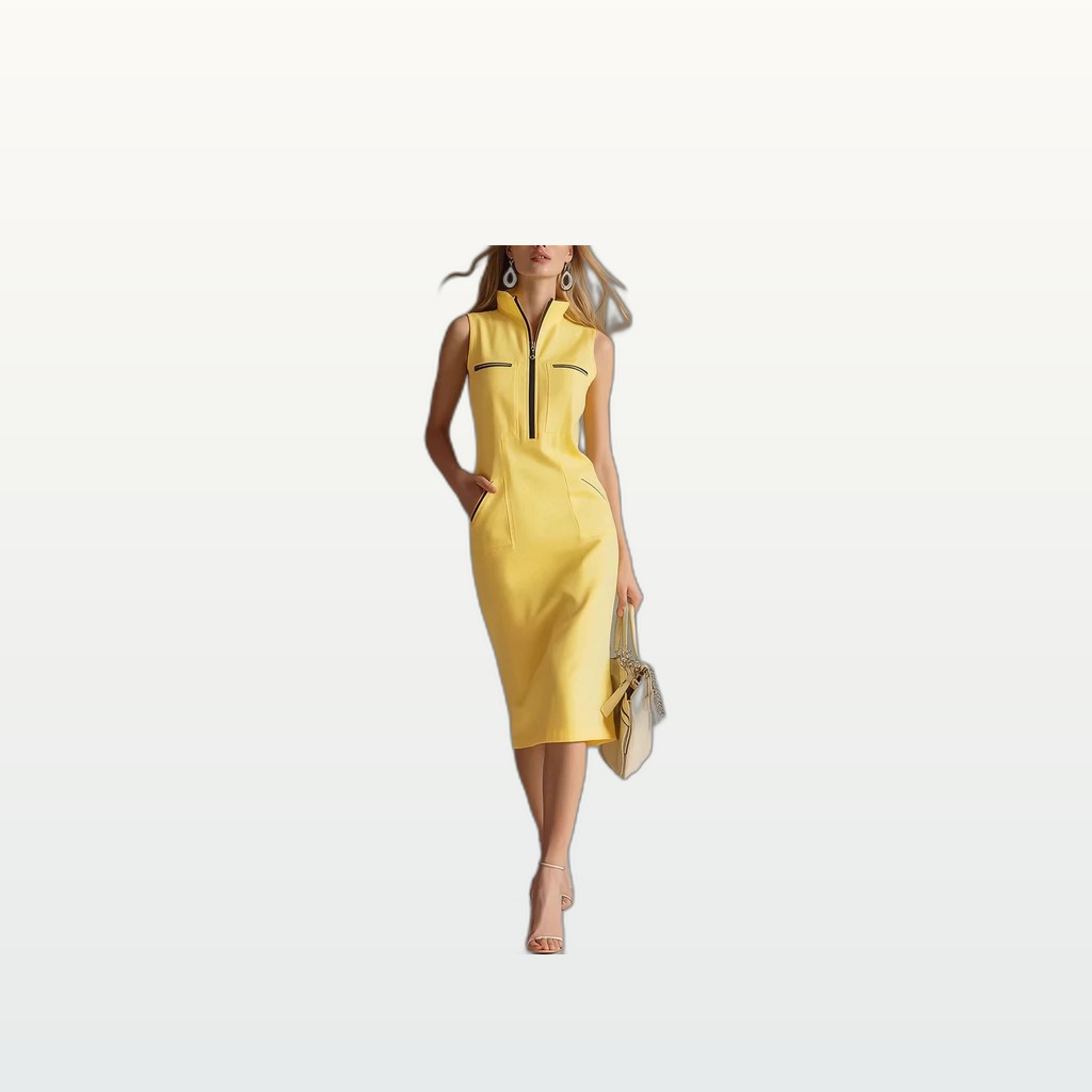 Contrast-color Stand-collar Midi Dress