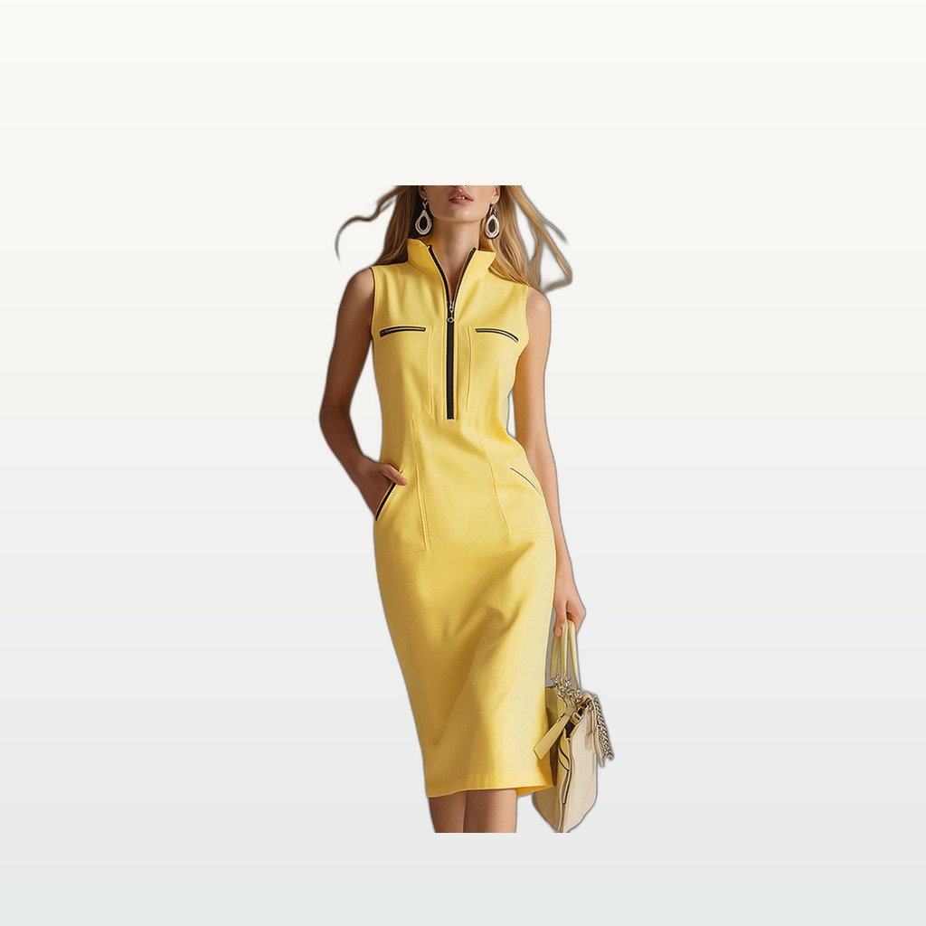 Contrast-color Stand-collar Midi Dress