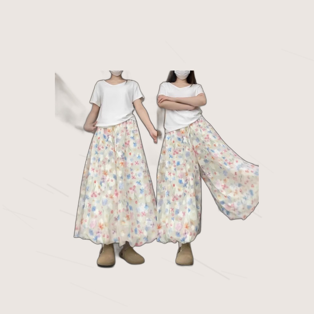 Short-statured Ice-silk Casual Loose-fit Floral Wide-leg Pants