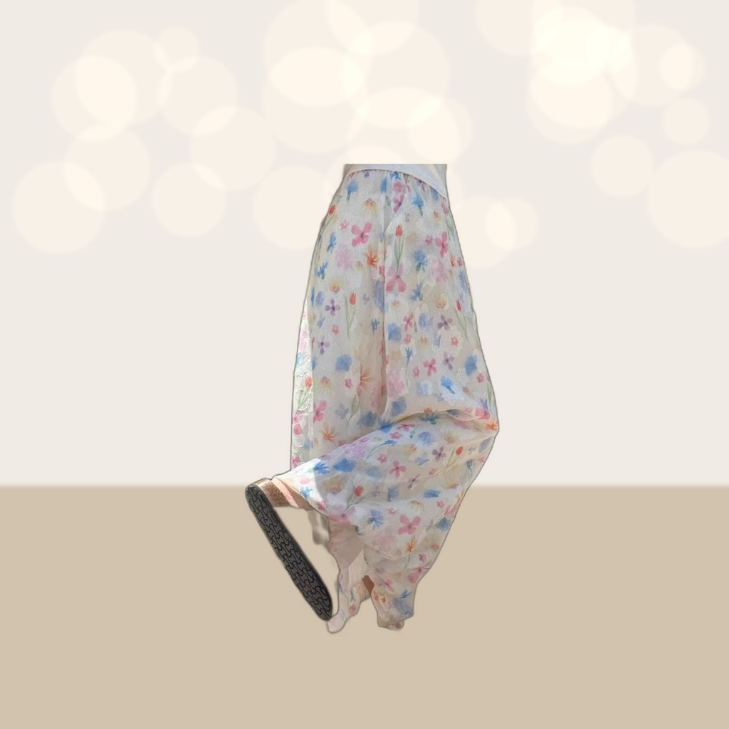 Short-statured Ice-silk Casual Loose-fit Floral Wide-leg Pants