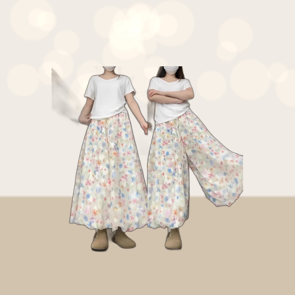 Short-statured Ice-silk Casual Loose-fit Floral Wide-leg Pants