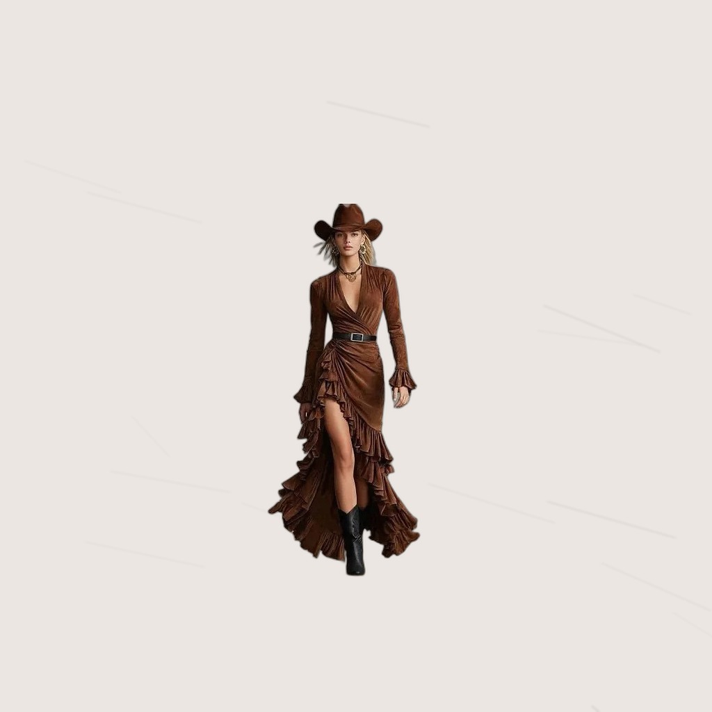 Retro Bad-girl Style Brown V-neck Dress