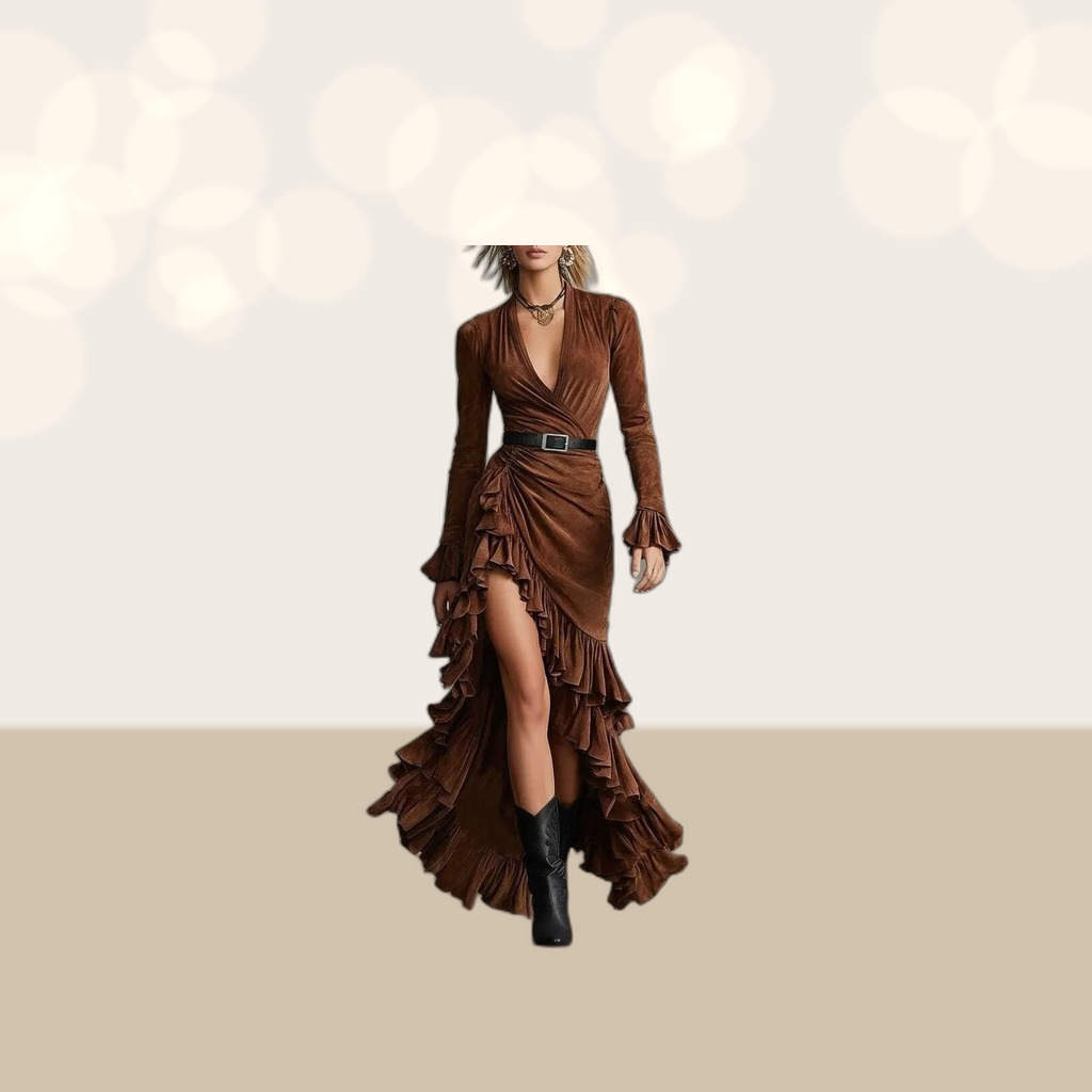 Retro Bad-girl Style Brown V-neck Dress