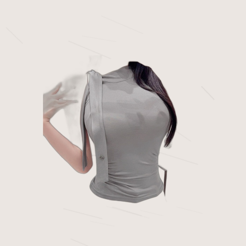 Ribbon-trimmed Mock-neck Slimming Sleeveless Tank Top