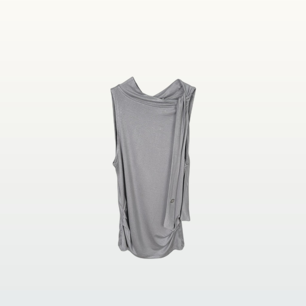 Ribbon-trimmed Mock-neck Slimming Sleeveless Tank Top