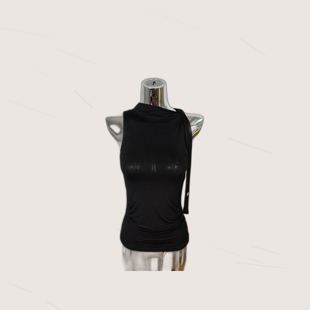 Ribbon-trimmed Mock-neck Slimming Sleeveless Tank Top