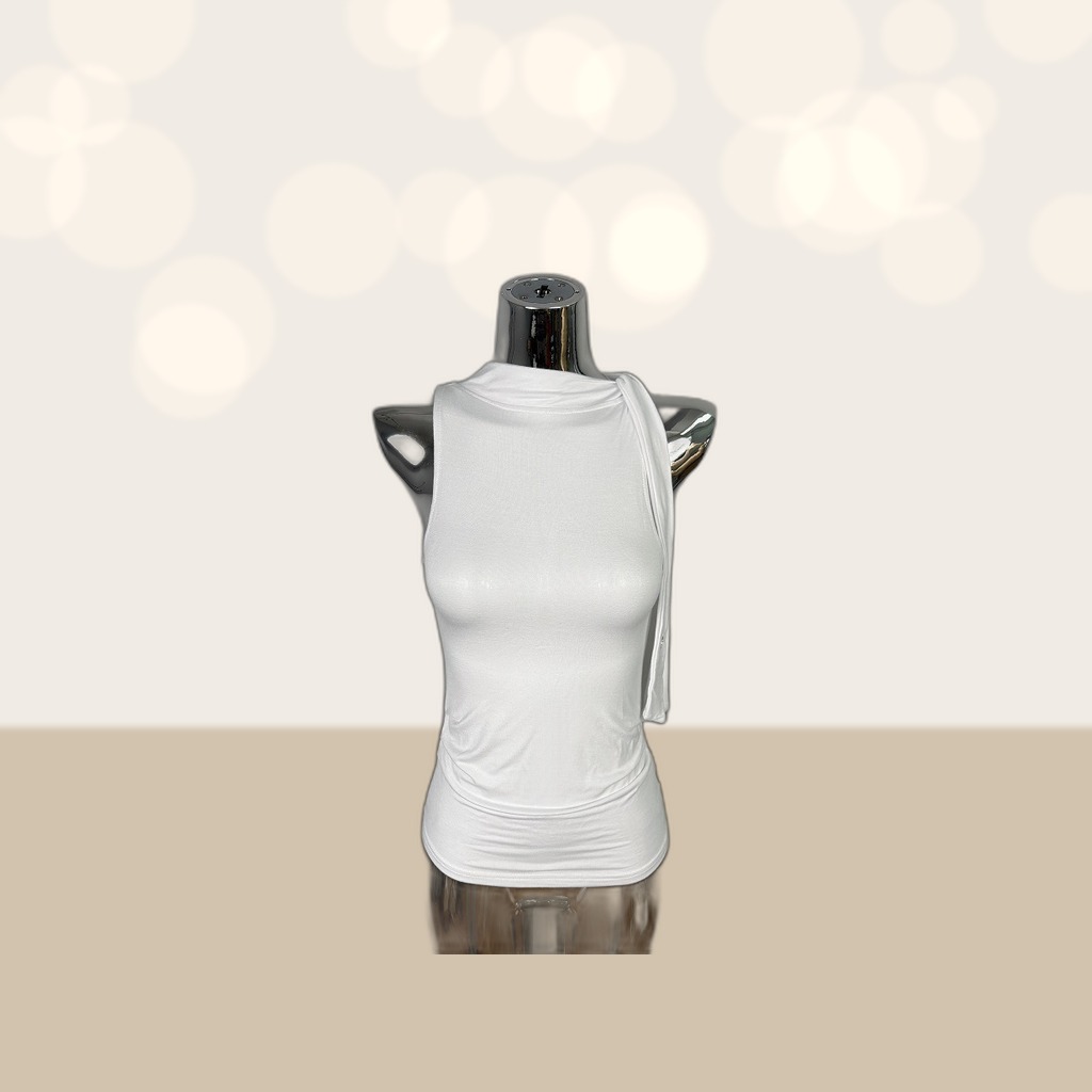Ribbon-trimmed Mock-neck Slimming Sleeveless Tank Top