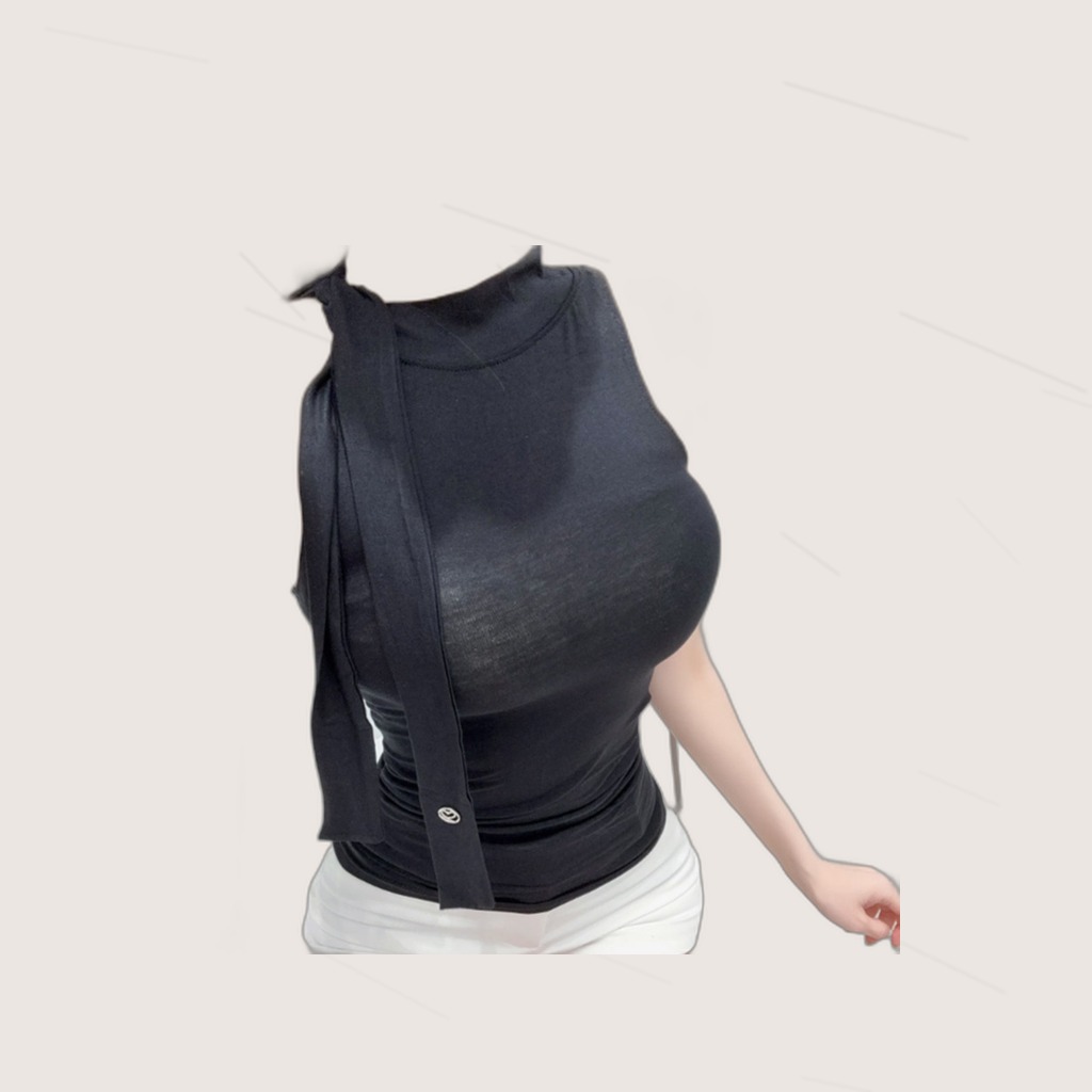 Ribbon-trimmed Mock-neck Slimming Sleeveless Tank Top