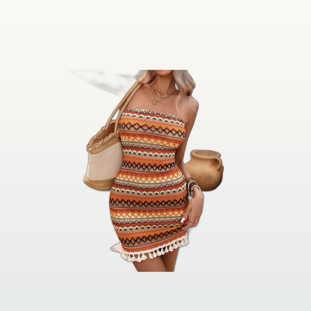 Strapless Striped Fringed Dress